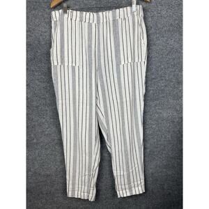 Per Se Pants Size L Striped Linen Blend Straight Leg Blue White Drawstring